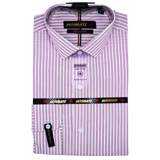 White base with vertical purple & black stripes dress shirt