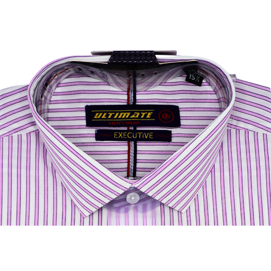 White base with vertical purple & black stripes dress shirt